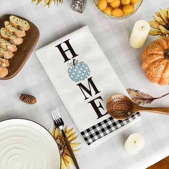 Buffalo Plaid Blue Pumpkin Home Fall Kitchen Towels Dish Towels, 18x26 - Picture 4 of 6
